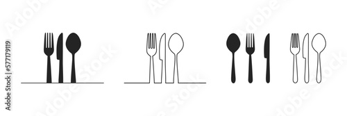 Set of fork, knife, spoon. Logotype menu. Set in flat style. Silhouette of cutlery. Vector