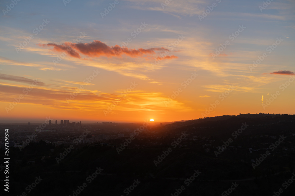 sunset over downtown Los Angeles skyline