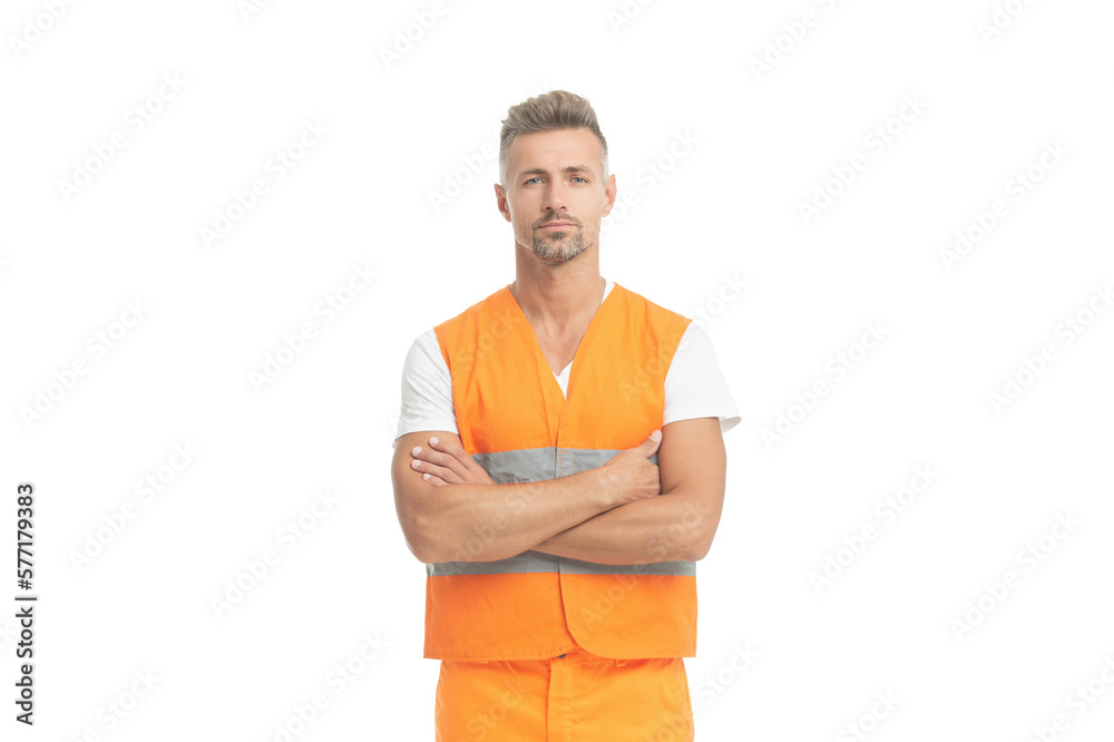 photo of man builder wear reflective vest. man builder isolated on white. man builder photo of man builder wear reflective vest. man builder isolated on white. man builder