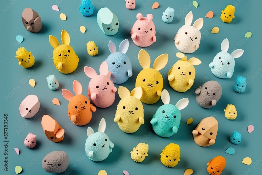 Obraz premium Little Bunnies toys on isolated Background with many eggs. Happy Easter day. Funny Cute fluffy rabbit toy, Symbol of easter day festival. Generative AI
