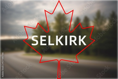 Selkirk: Der Name der kanadischen Stadt Selkirk in der Provinz Manitoba vor einem Foto mit dem kanadischen Ahornblatt photo