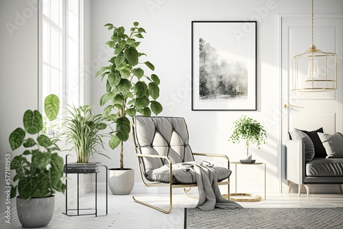 Scandinavian style living room interior  with house plants  and a recliner. White walls background. Generative AI