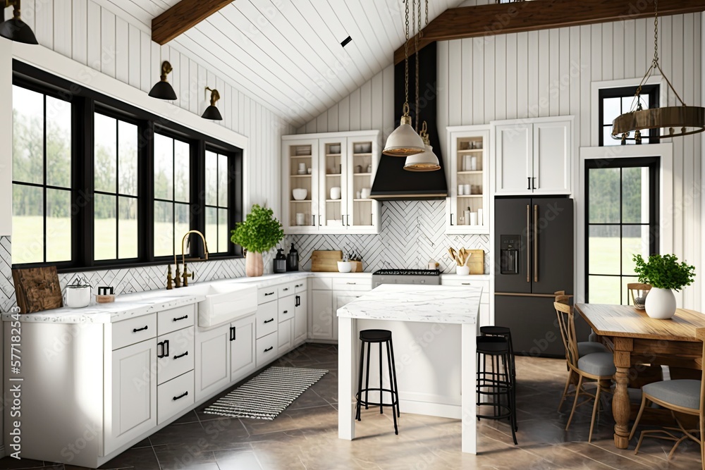Bright, spacious and modern farmhouse style kitchen. Generative AI - obrazy, fototapety, plakaty 