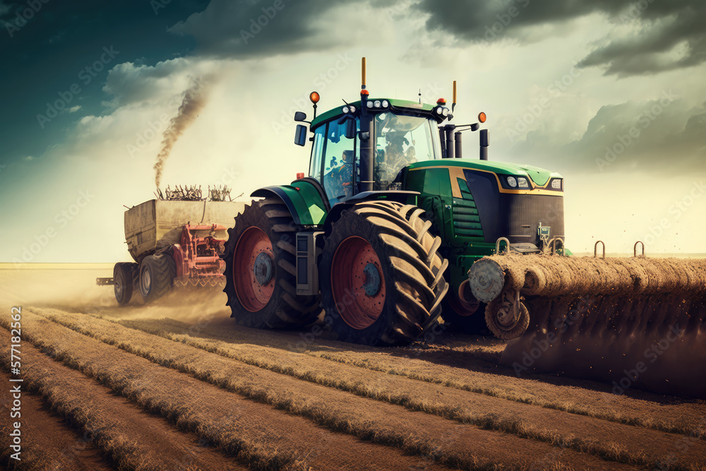 Fototapeta premium Tractor plowing the field, preparing soil for sowing seeds in sunset. Generative AI