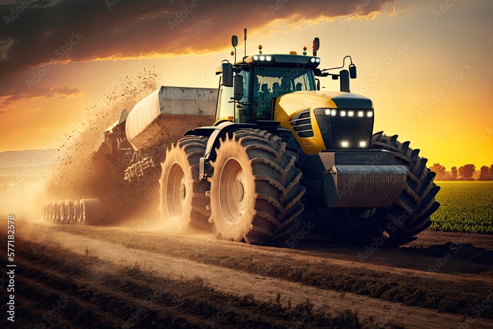 Fototapeta premium Tractor plowing the field, preparing soil for sowing seeds in sunset. Generative AI