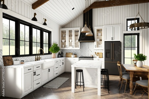 Fototapeta Bright, spacious and modern farmhouse style kitchen