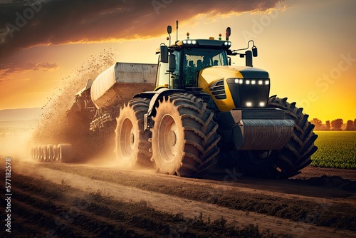 Tractor plowing the field  preparing soil for sowing seeds in sunset. Generative AI