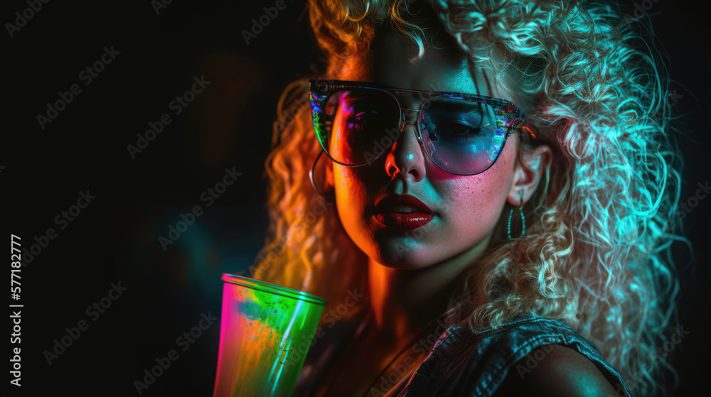 Young party girl with long blonde curly hair having a colorful cocktail drink, dark background with copy space, generative AI