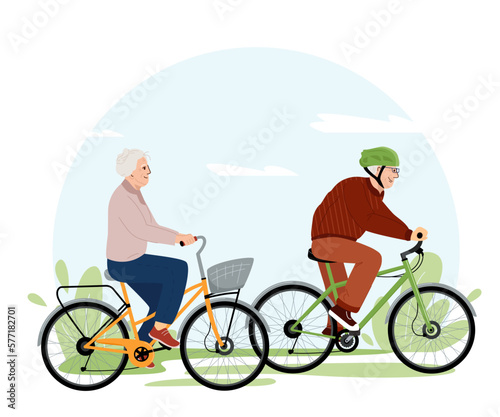 Active grandparents ride a bike. Elderly couple spend time together outdoors. Cartoon active senior people riding bicycle, healthy lifestyle Flat vector cartoon illustration isolated on white