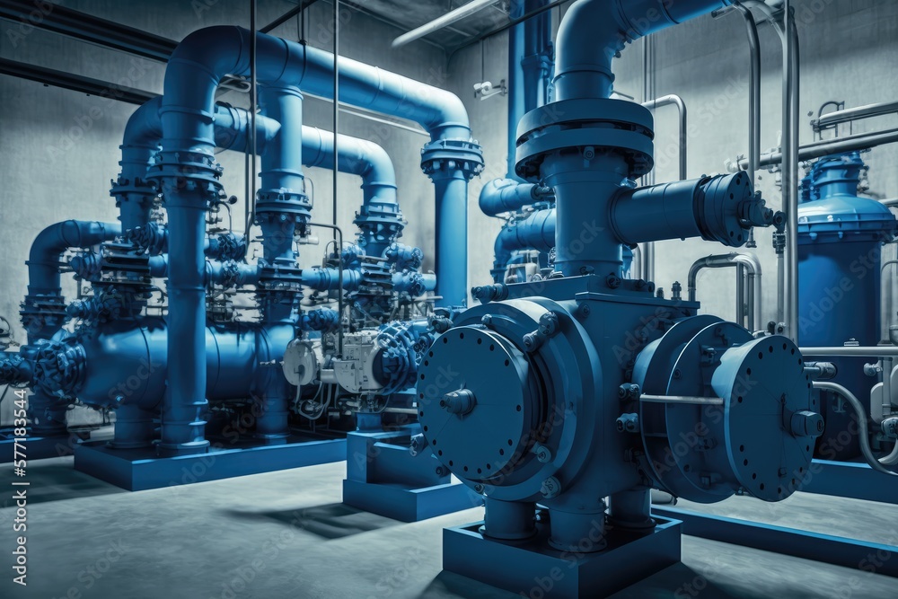 Industrial pump room in a power plant, blue colored pumps, valves and pipes. Generative AI