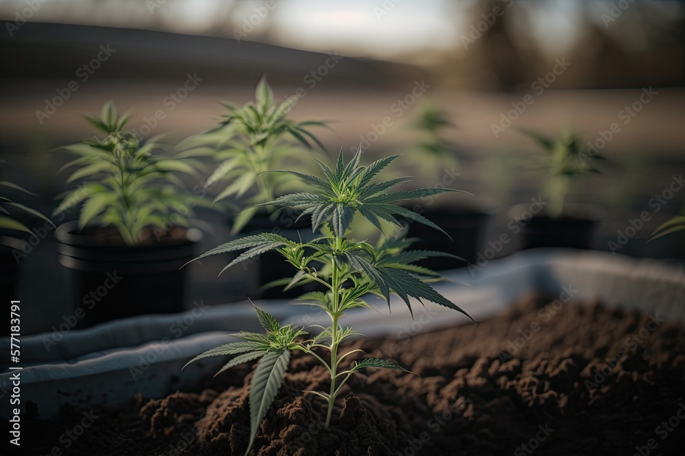 Obraz premium Small young cannabis plant on a farm plantation closeup. Generative AI