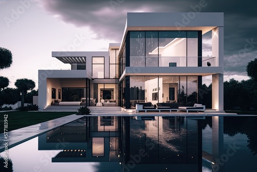 Large luxurious ultra modern villa, large glass windows, pool, evening shot. Generative AI