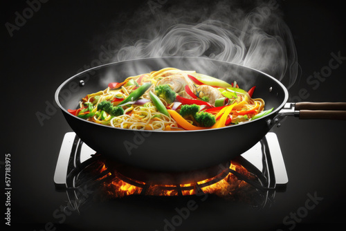 A large cooking wok is full of steam as noodles are cooked in the hot stir fry pan. AI generative photo