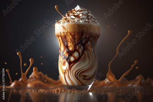 Iced caramel frappuccino with whipped cream and chocolate splashing around photo