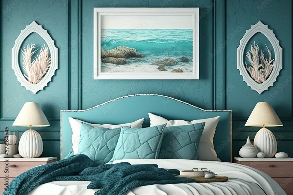 Coastal styled bedroom interior, sea decor and furniture, blue ...