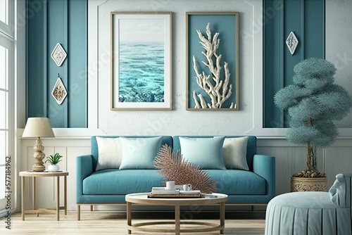 Coastal styled living room interior  sea decor and furniture  blue color  marine ocean style  generative ai