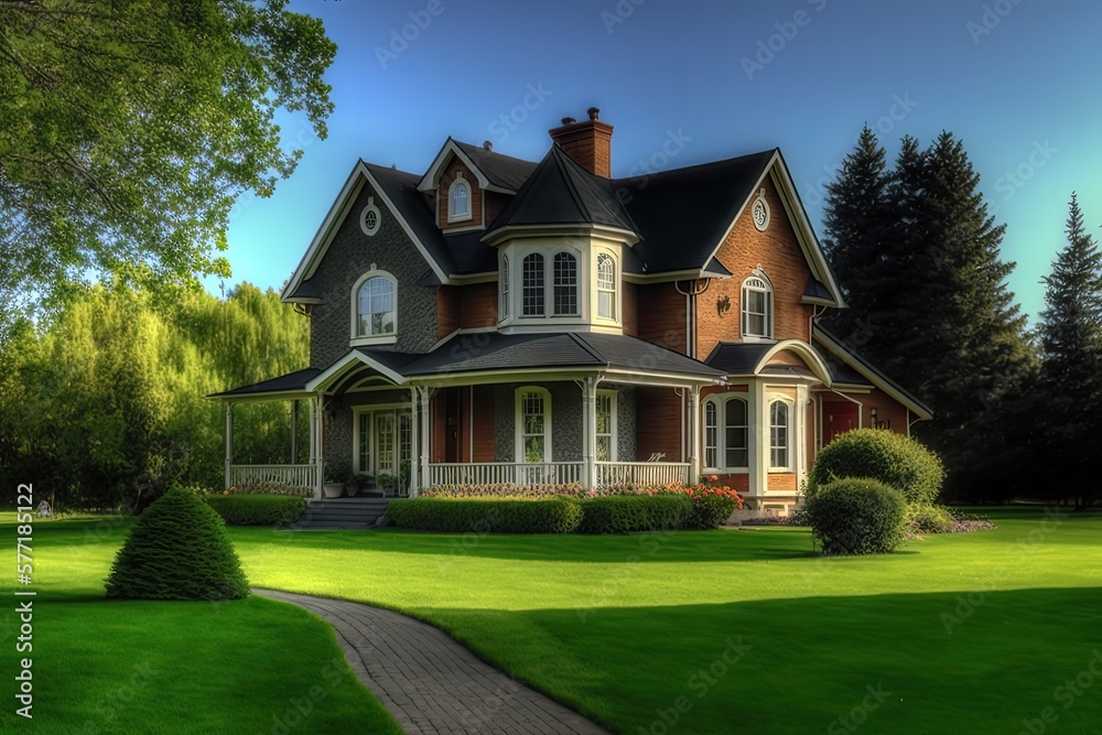 Neatly maintained house with green lawn, shot on sunny day. Generative AI Neatly maintained house with green lawn, shot on sunny day. Generative AI