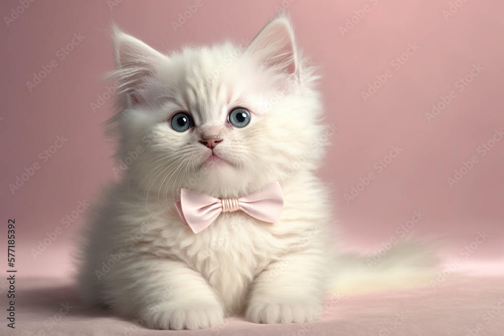 A cute cat sits in a bow tie on a pink background. Monochrome background with space for text. Postcard with a cat for, Spring, Women's Day. generative AI