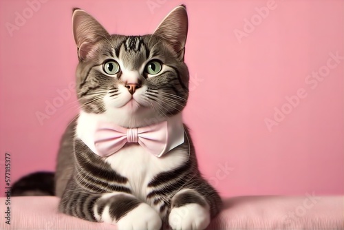 A cute cat sits in a bow tie on a pink background. Monochrome background with space for text. Postcard with a cat for, Spring, Women's Day. generative AI