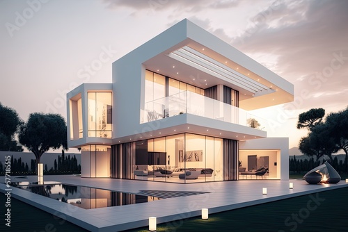Large luxurious ultra modern villa, large glass windows, evening shot. Generative AI