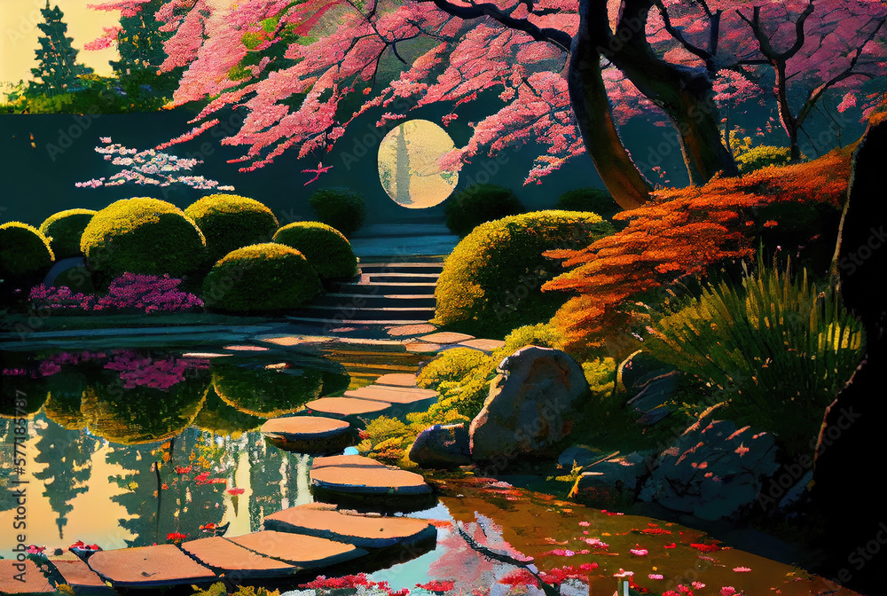 Japanese Spring Garden Landscape Painting, Japan Garden Watercolor, Abstract Generative AI Illustration