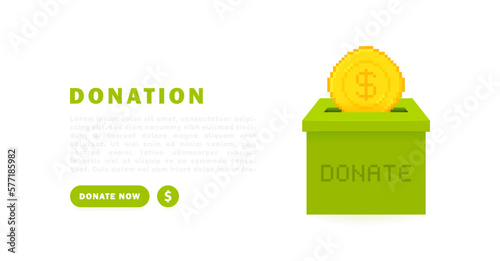 Donation and charity web banner design concept. 8 bit pixel coin in donation box. Giving charity financial support and fundraisin. Volunteering and donating. Vector illustration