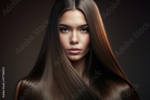 young woman with straight long brown shiny hair Fototapet