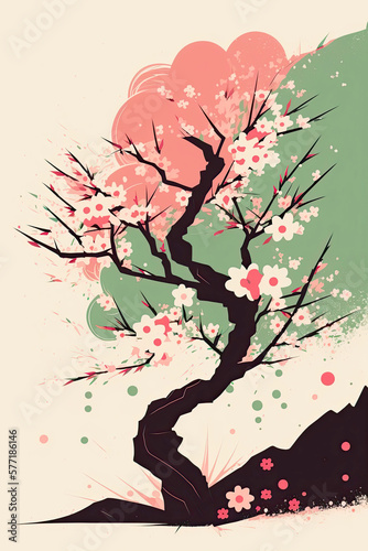 Illustration of sakura flowers and trees  created with AI generative technology