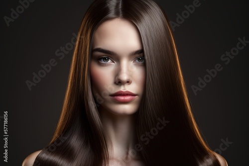 young woman with straight long brown shiny hair. Beauty and hair care.keratin. Generative AI