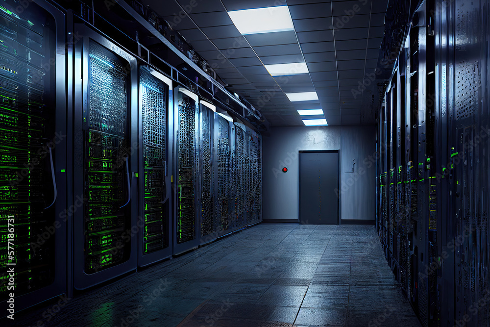 Data Center Server Room, Supercomputer Datacenter, Server Racks, Cloud Computer System, Abstract Generative AI Illustration