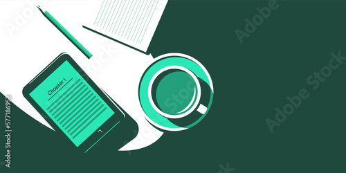 A cup of coffee or tea. Nearby is an electronic device for reading books. Concept of studying or reading books.