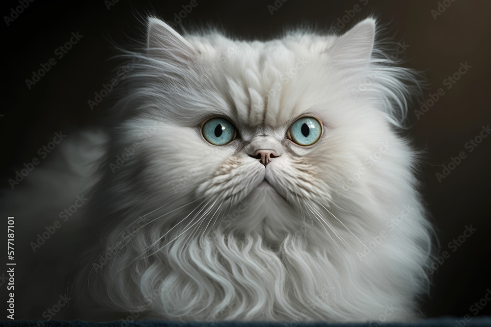 a Persian cat with white hair and very beautiful. Very real photo, with bright blue eyes. generative ai
