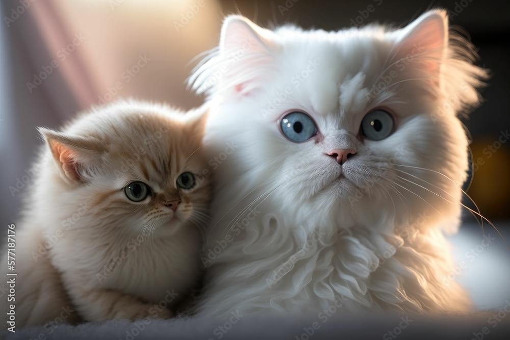 a Persian cat with white hair and blue eyes is very cute. And the baby. The Persian cat is very cute. He is attached to his mother. And the picture is very real. generative ai