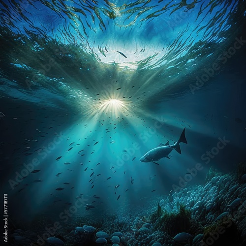Underwater Sun Rays, Deep Water Sunlight, Under Sea Sunbeams Background, Abstract Generative AI Illustration