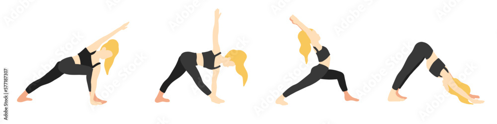 Female blonde yoga poses set in cartoon flat style.