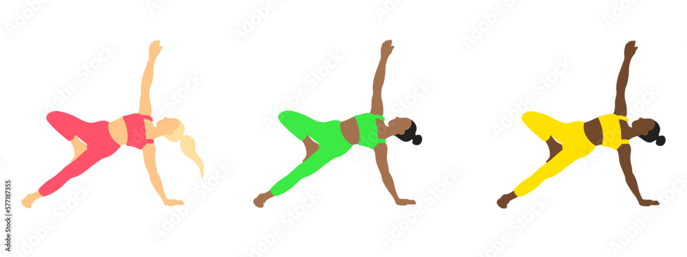 Female yoga poses (european, african, asian) set in cartoon flat style.