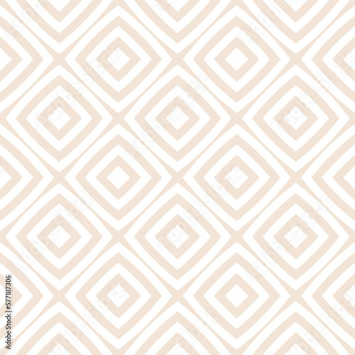 Simple vector geometric seamless pattern with diamond shapes, rhombuses, squares, grid, repeat tiles. Subtle minimal abstract background. Modern beige and white texture. Elegant decorative design