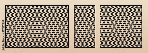 Laser cut patterns. Vector set with abstract geometric grid, diamond lattice, lines. Modern geometry panels. Decorative stencil for CNC cutting of wood, metal, plastic. Aspect ratio 3:2, 1:2, 1:1