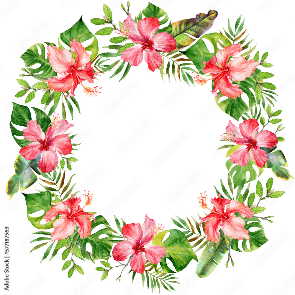ropical floral wreath frame. Watercolor bouquet. Pink hibiscus, monstera, banana and palma leaf