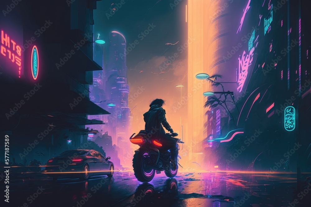 Cyberpunk style of gamer wallpaper, neon glow light of scifi metaverse. AI Generation Cyberpunk style of gamer wallpaper, neon glow light of scifi metaverse. AI Generation