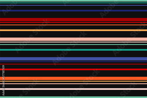 Vector horizontal stripes pattern. Simple seamless background with thin and thick colorful straight lines. Stylish abstract geometric striped texture with color lines on black backdrop. Repeat design