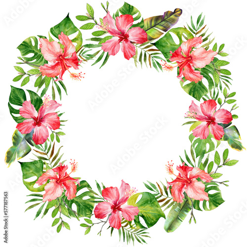 ropical floral wreath frame. Watercolor bouquet. Pink hibiscus, monstera, banana and palma leaf photo