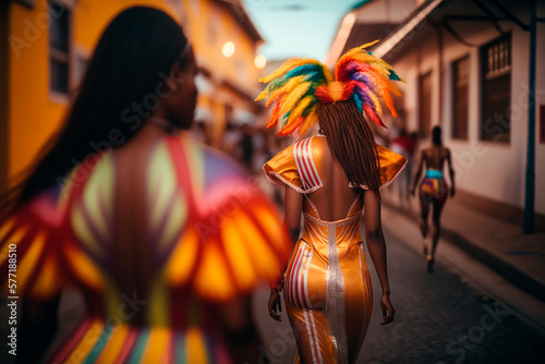 Holiday carnival with people beautiful women in carnival costumes view from the back, lifestyle on the street much city, glowing outfits, long exposure, smudged figures, vacation travel. Generative AI