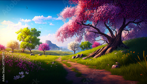 Blooming spring trees illustration. Horizontal digital oil looking painting. Spring landscape with colorful blooming trees. Ai illustration, fantasy digital painting