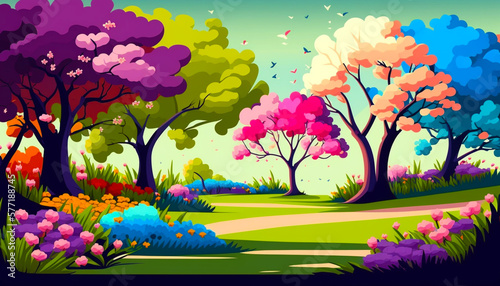 Blooming spring trees illustration. Horizontal cartoon painting. Spring landscape with colorful blooming trees and meadow. Ai illustration, fantasy digital painting, artificial intelligence artwork.