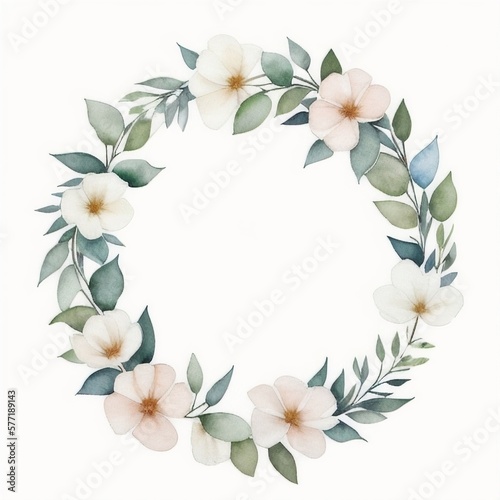 a wreath of flowers with leaves on a white background, a watercolor painting, ai generated © lacrimastella