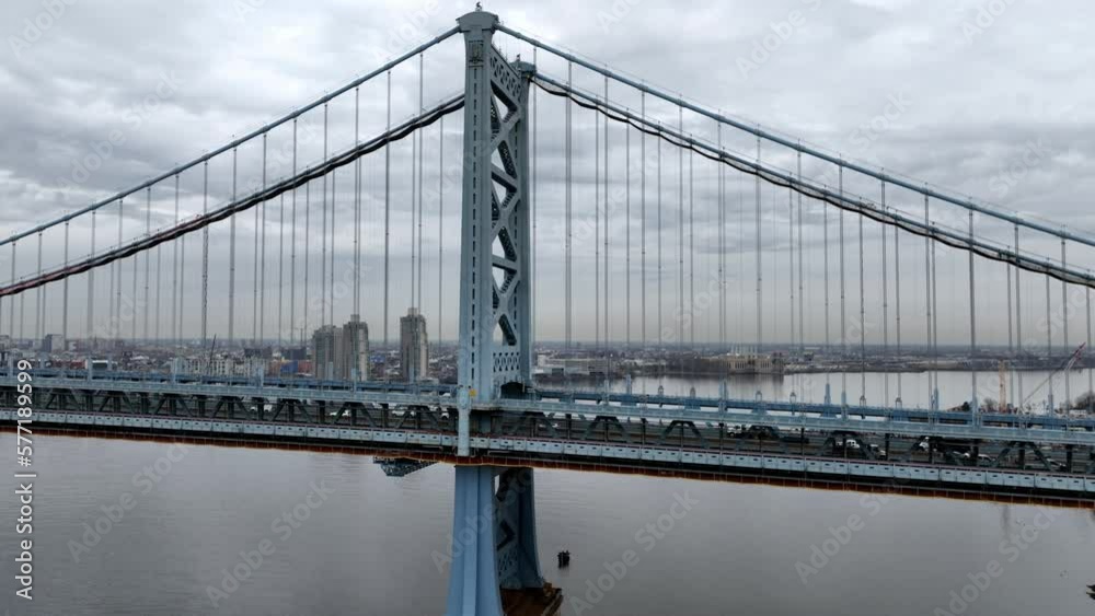 Benjamin Franklin Bridge over Delaware River in Philadelphia - drone photography Benjamin Franklin Bridge over Delaware River in Philadelphia - drone photography