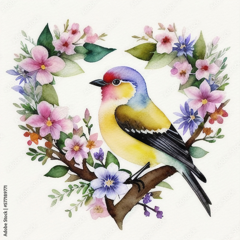 Fototapeta premium a painting of a bird on a branch in heart form with flowers, a watercolor painting , ai generated