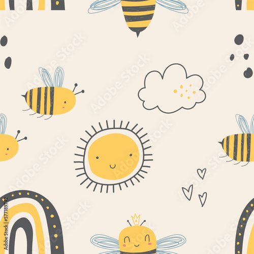 Cute honey bee pattern in summer in hand drawn style