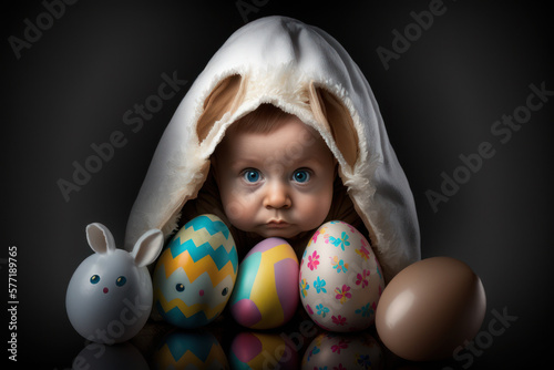 newborn covered in blanket sitting behind colorfully painted easter eggs, generative AI